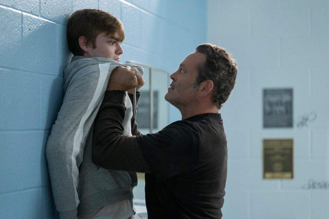 This image released by Universal Pictures shows Zack Shires, left, and Vince Vaughn in a scene from “Freaky.”