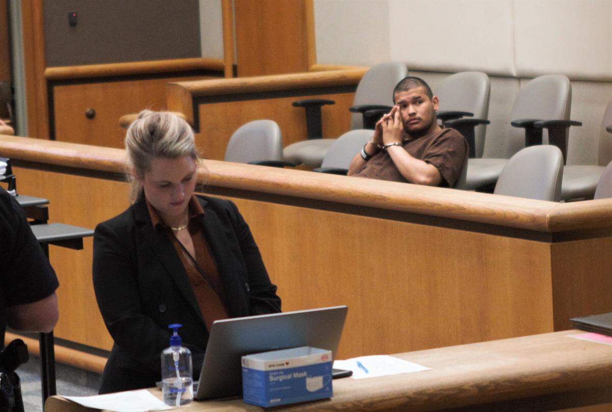Hector Munguia waits to appear before a judge during an initial court appearance in Benton Franklin Superior Court on Tuesday, April 26, 2022. Munguia is accused of killing his neighbor.