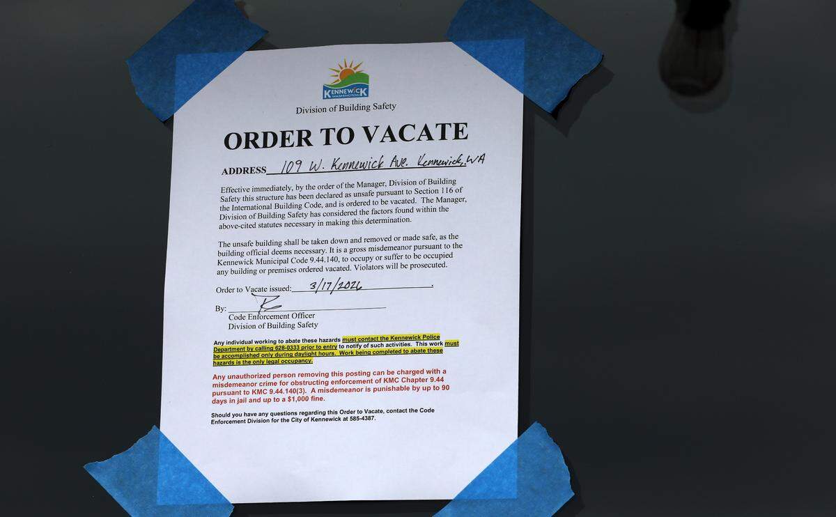 An official "Order to Vacate" notice has been posted by the Kennewick Code Enforcement department on the El Tequilas Restaurant building at 109 W. Kennewick Ave. following Tuesday morning's fire in downtown Kennewick.