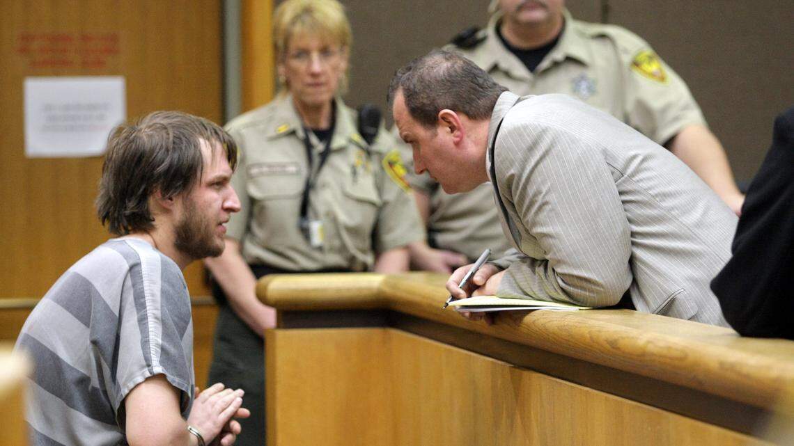 Adam Ryan Williams, 28, of West Richland, talks with his court-appointed attorney Sal Mendoza Jr. during his preliminary appearance in Benton County Superior Court in 2012. He was eventually found innocent by reason of insanity and sent to Eastern State Hospital.