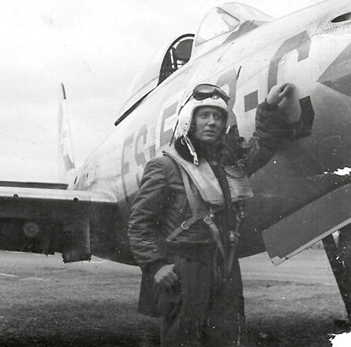 George Jenkins of Richland who celebrated his 100th birthday on March 27 stands next to his fighter plane during Korea. He was a fighter pilot in the Air Force during, WWII, Korea and Vietnam.