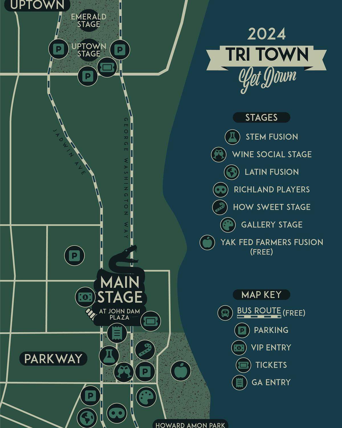 Official map of venues and important locations at the 2024 Tri Town Get Down music festival in Richland.
