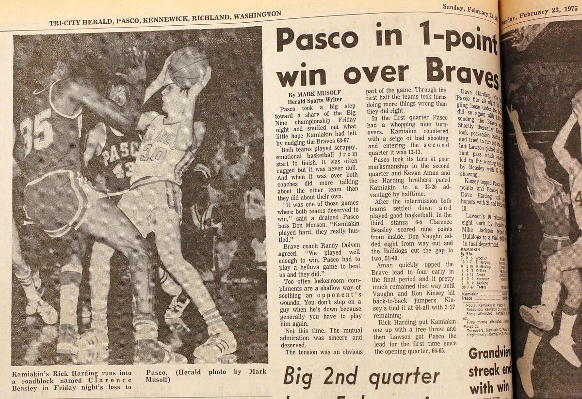 Sports story and photos from the February 23, 1975 edition of the Tri-City Herald.
