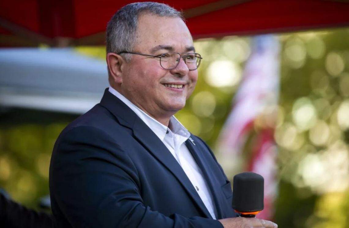Loren Culp, then a Republican gubernatorial candidate, gives a keynote speech at a rally in October 2020 in Bellevue’s Downtown Park. He received the endorsement of former President Donald Trump on Wednesday in his bid for Congress.