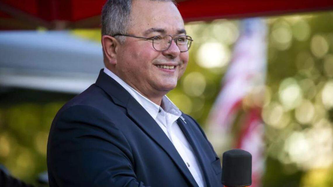 Loren Culp, then a Republican gubernatorial candidate, gives a keynote speech at a rally in October 2020 in Bellevue’s Downtown Park. He received the endorsement of former President Donald Trump on Wednesday in his bid for Congress.
