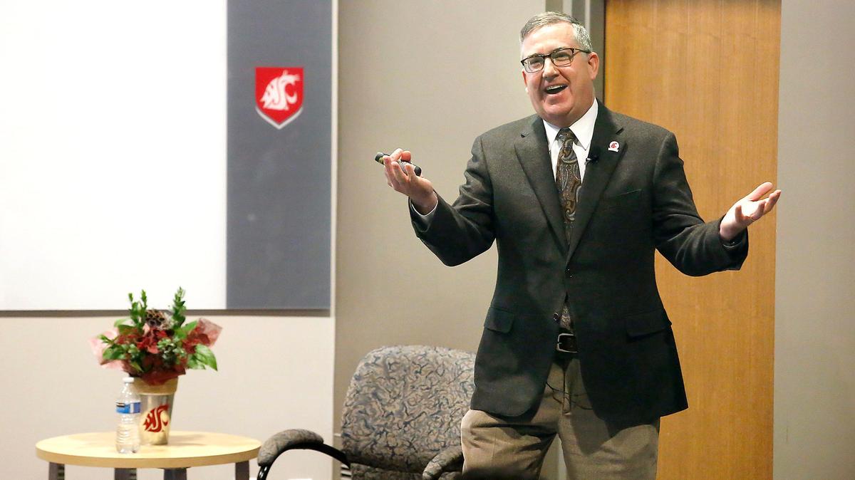 Washington State University President Kirk Schulz speaks during a town hall meeting at the WSU Tri-Cities branch campus in Richland on Wednesday, Oct. 2, 2019.
