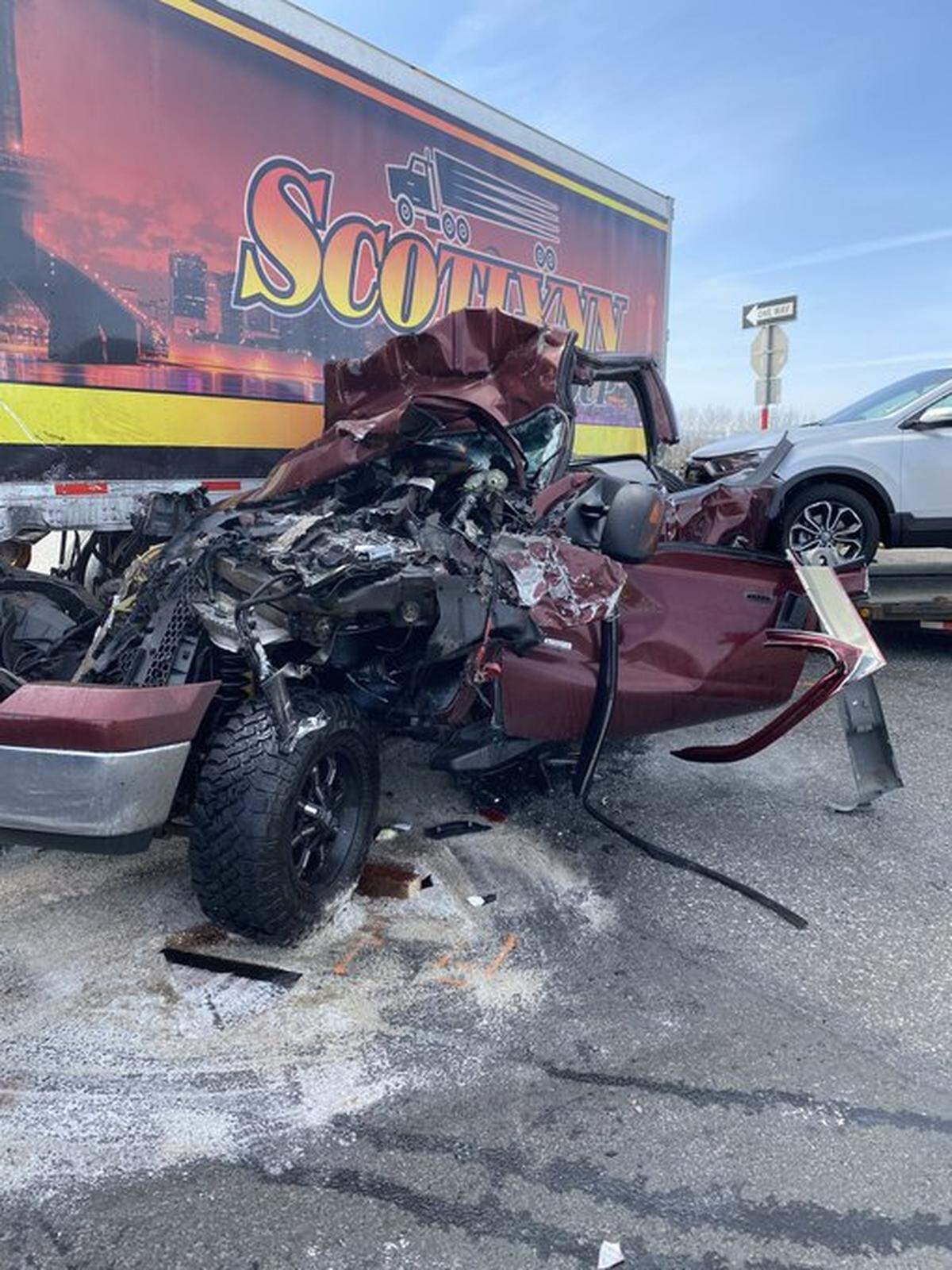 A pickup slammed into the side of a semi truck and trailer at Foster Wells Road and Highway 395 in 2022.