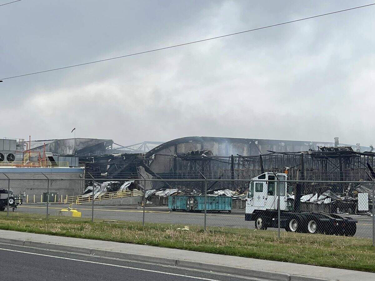 What remains of the Lineage Logistics cold storage warehouse in Finley as a fire that started April 21 continues to burn.