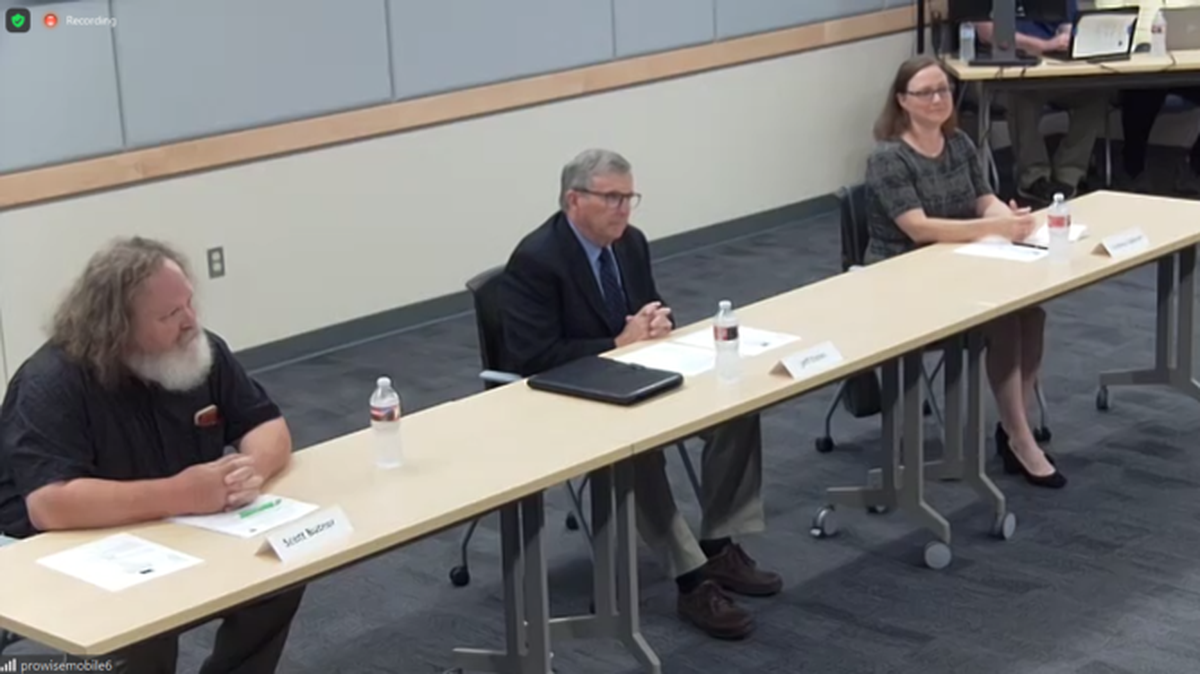 Candidates to fill the Richland School Board’s Director No. 3 position interview Tuesday evening in front of the Educational Service District 123 board of directors. They are, from left, Scott Butner, Jeffrey Estes and Lindsay Lightner.