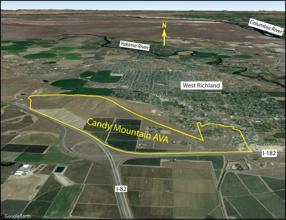 The Candy Mountain American Viticultural Area boundary includes Interstate 82 and Interstate 182 near Richland, Wash.