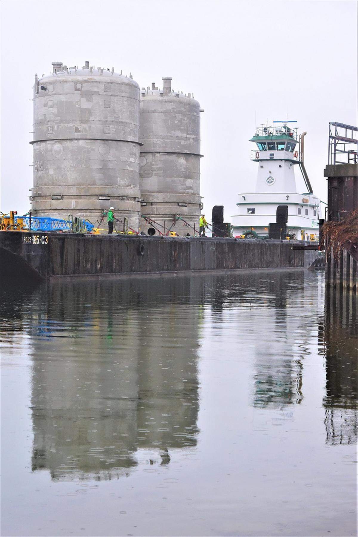 Two 160-ton tanks were barged up the Columbia River to Richland. They will be installed at the Hanford nuclear reservation’s vitrification plant.