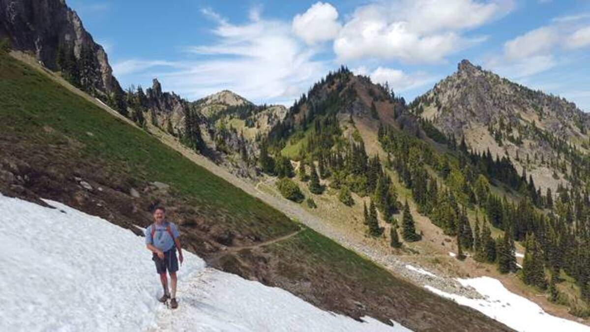 Hiking on the Sheep Lake Trail coming back from Sourdough Gap.