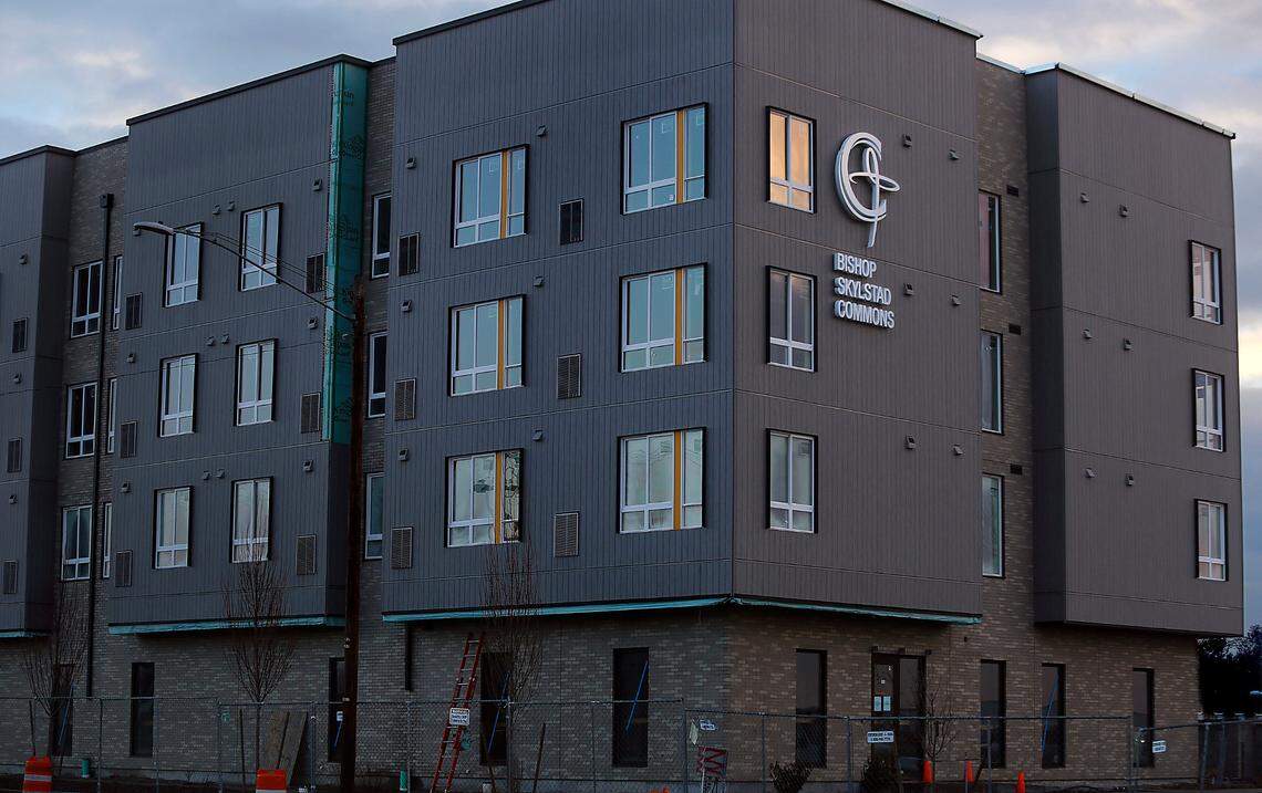 The four-story Bishop Skylstad Commons apartment building is on the corner of Lewis Street and 20th Avenue in Pasco.