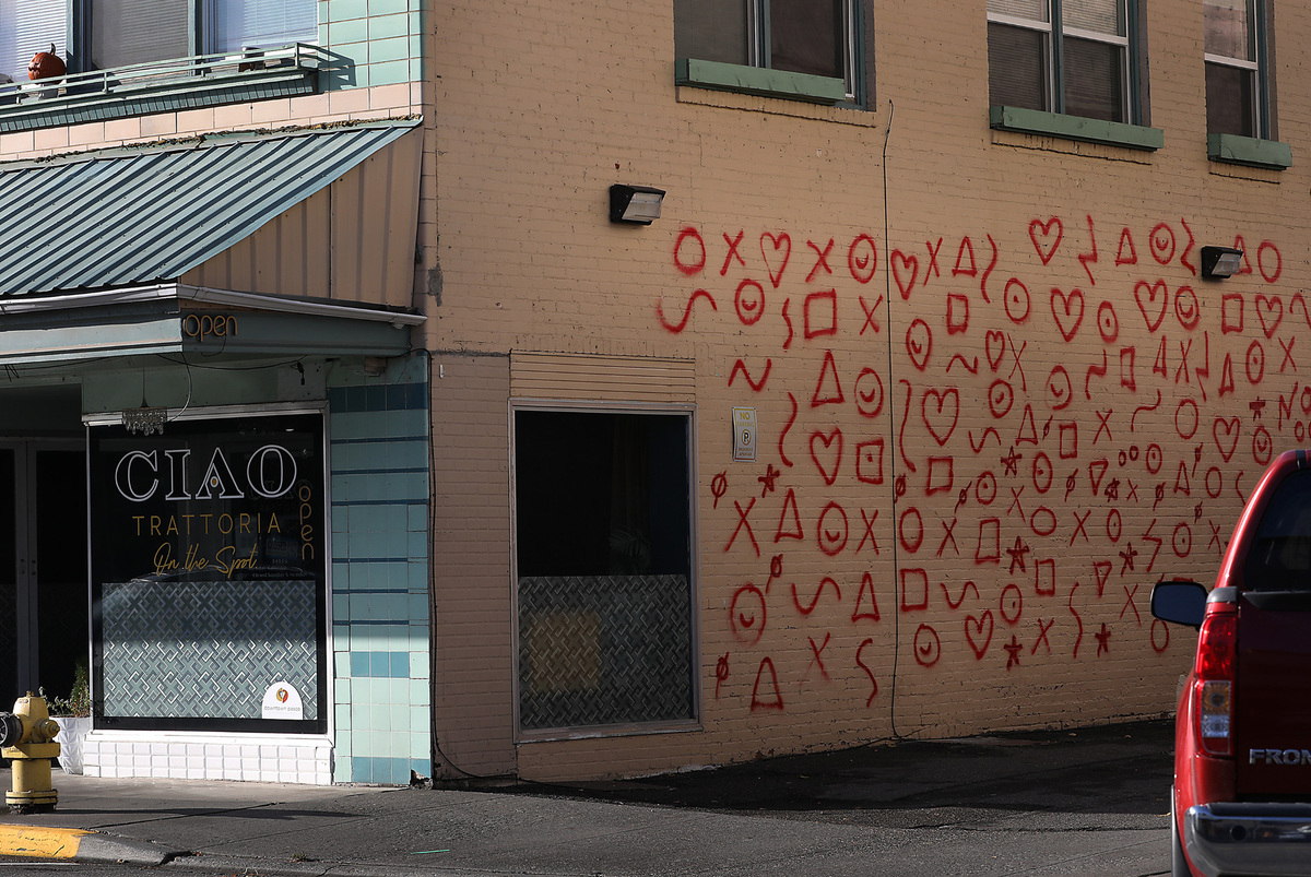 Outline markings for new mural planned for this brick wall on the building at 108 N. Fourth Ave. in downtown Pasco. The mural will be funded by a new city of Pasco grant program.
