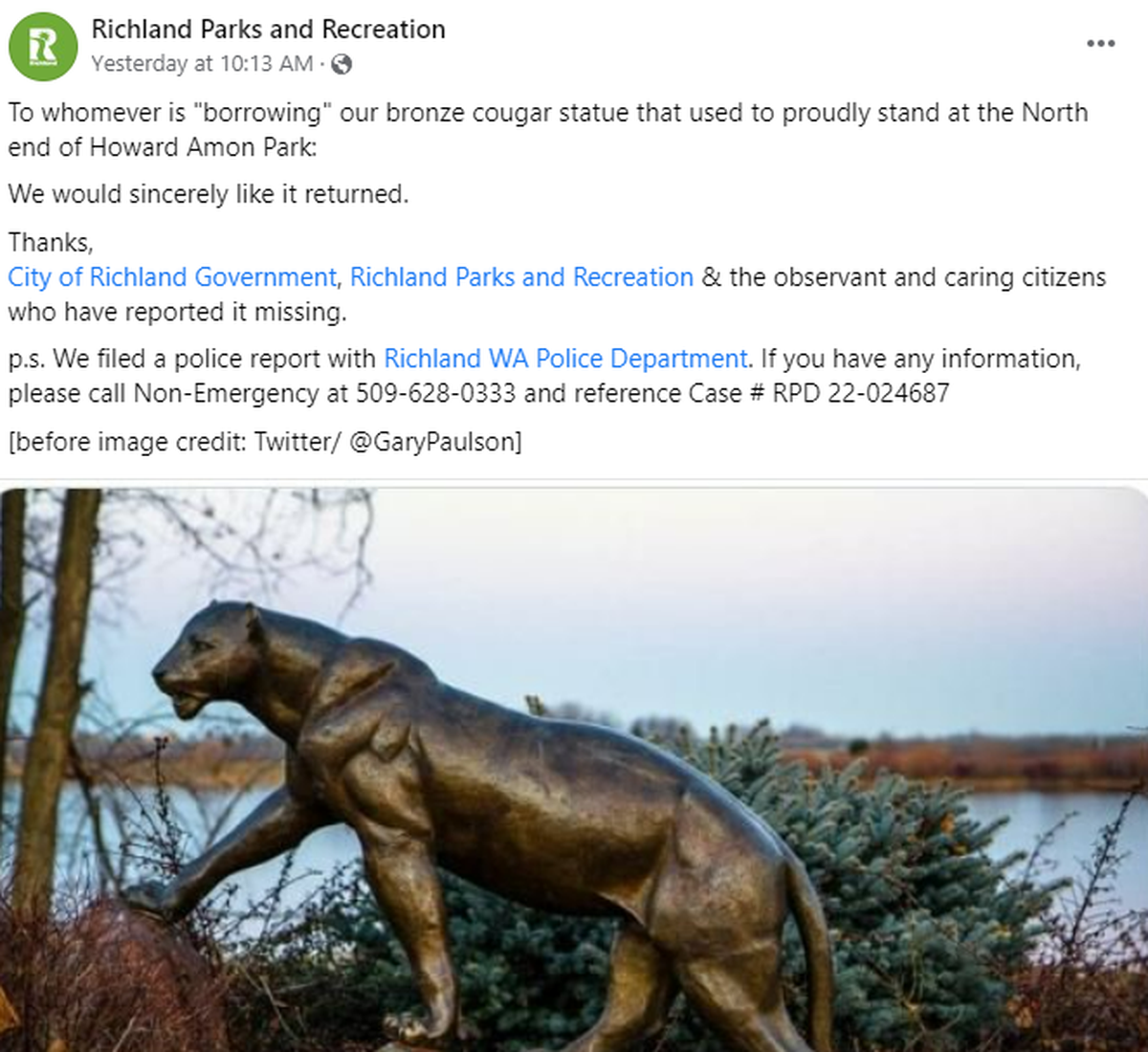 Richland Parks and Recreation reported on Facebook that the bronze statue of a cougar in Howard Amon Park is missing. The photo is posted was by Gary Paulson.