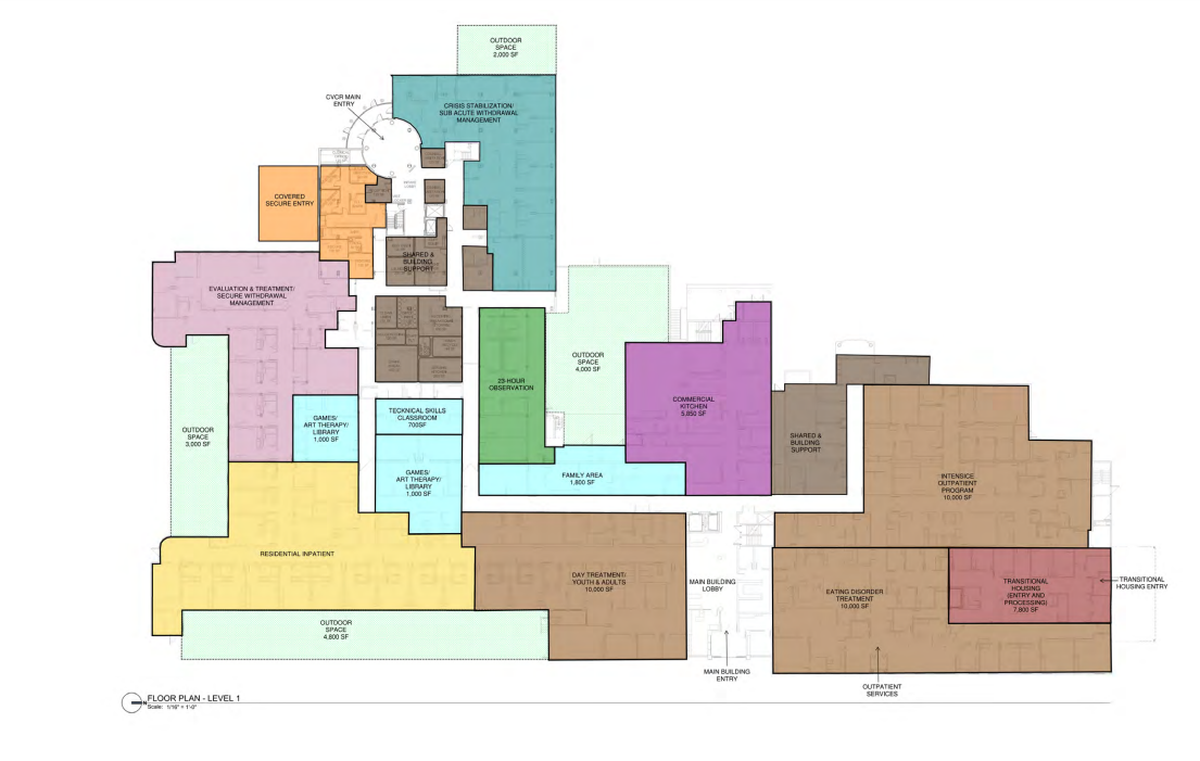 A preliminary floorplan shows the range of services that could eventually be added to the Columbia Valley Center for Recovery. The center will open with four primary services in late 2025.