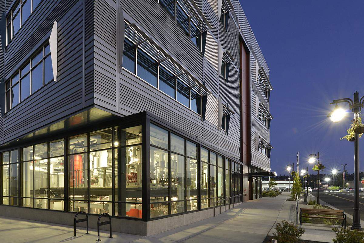 PNNL researchers are testing energy innovations at the Eco-District in Spokane, Wash., which includes the Scott Morris Center (shown here) and its central energy plant, which provides energy for itself and the adjacent Catalyst building.