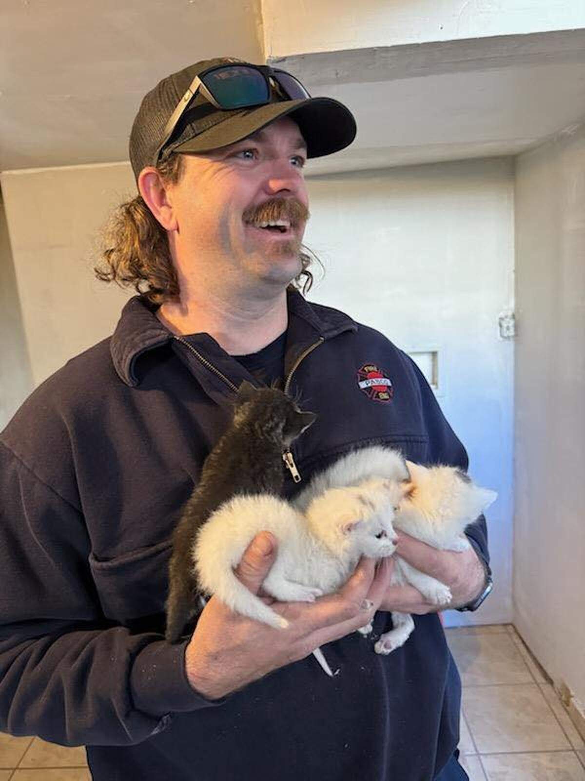 A Pasco firefighter holds some of the kittens found hiding in the walls of a home.