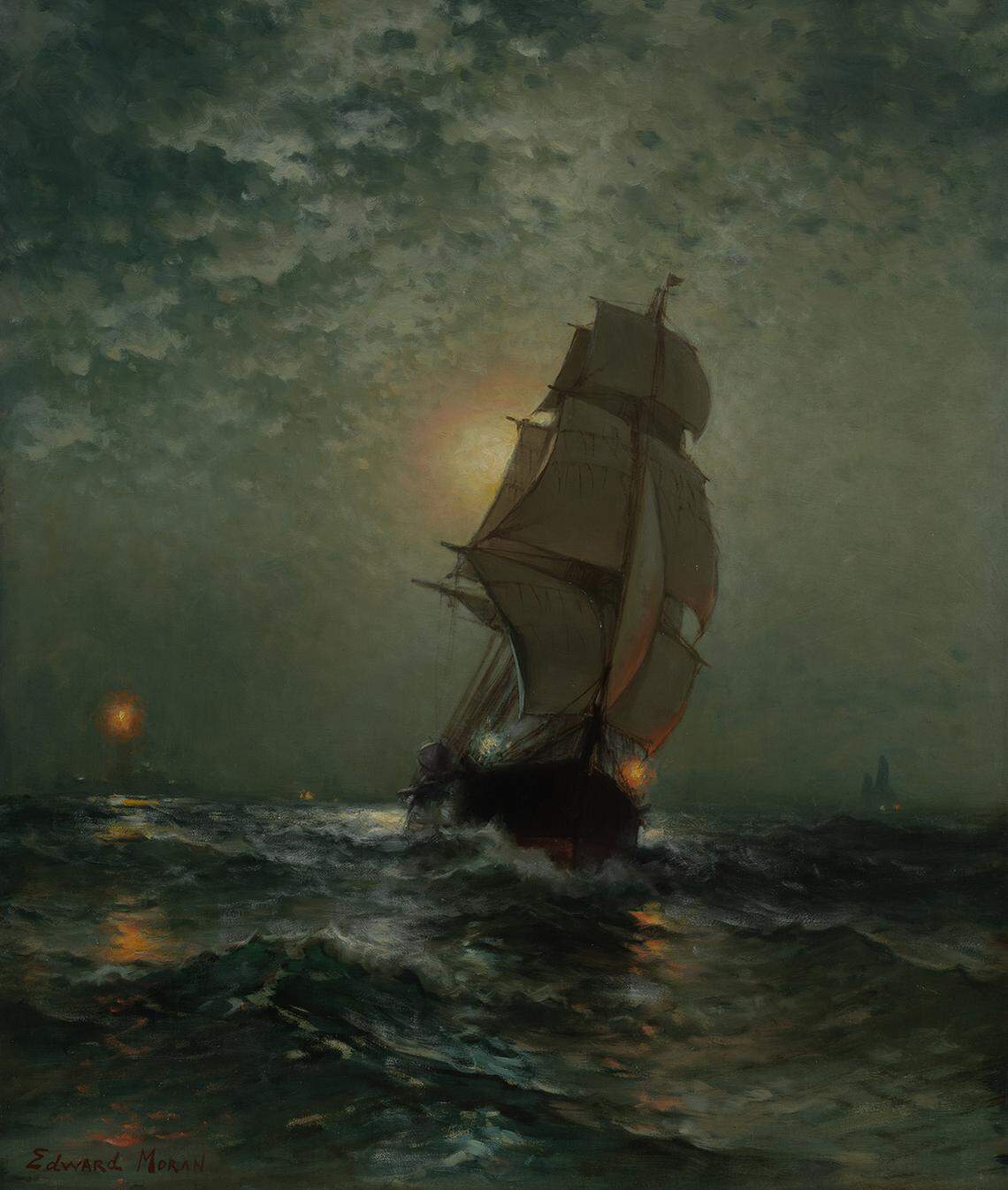 Edward Moran (American [b. England], 1829–1901), Sailing Ships, Nantucket Light, c. 1890, 26½” x 22½”, oil on canvas; Collection of Maryhill Museum of Art