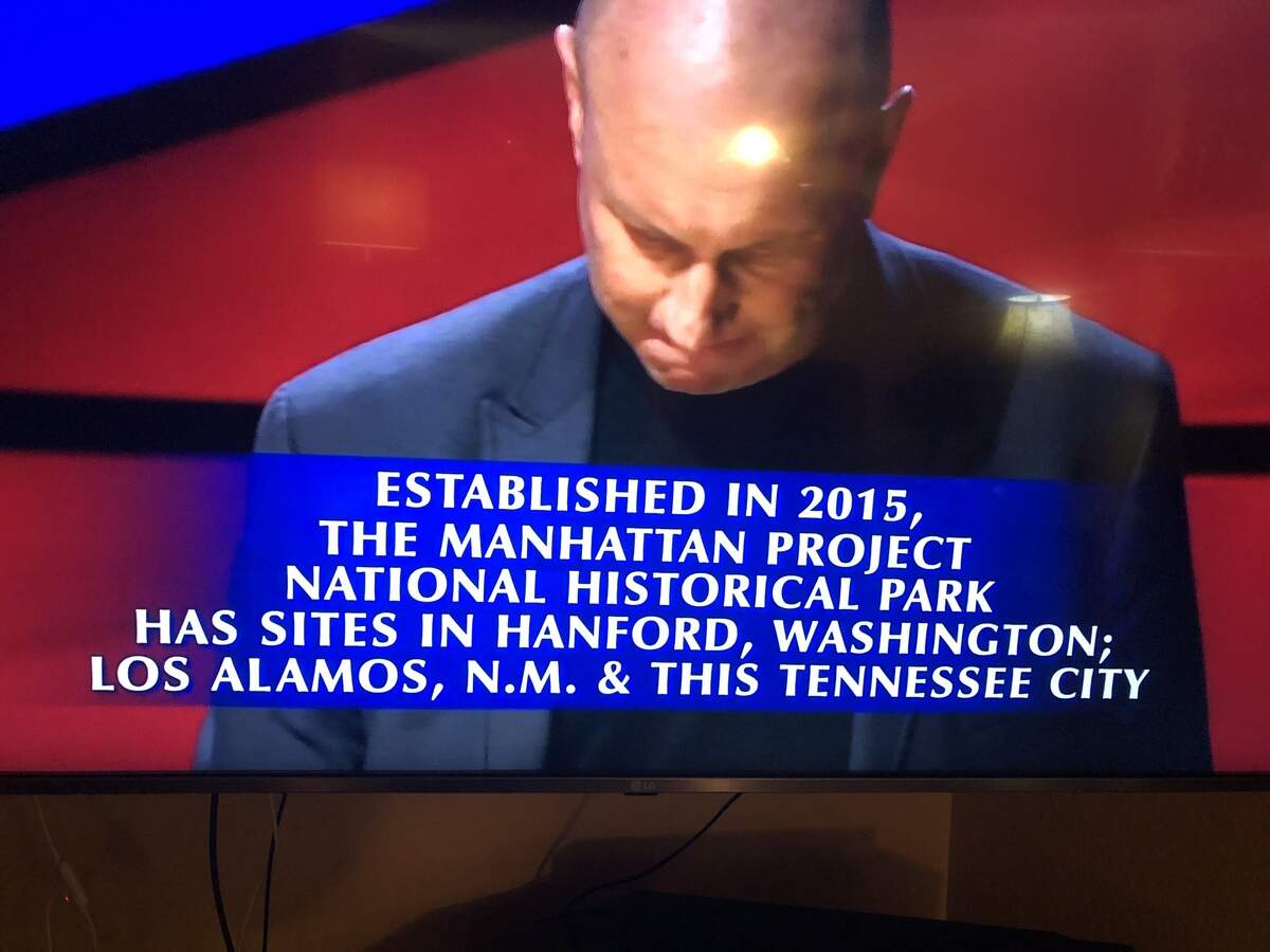The game show’s Final Jeopardy question on the Manhattan Project park stumped two of the three contestants.