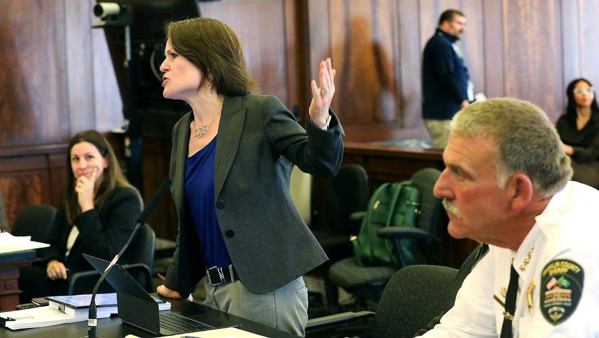 Rebecca Boatright, an attorney representing Franklin County Sheriff Jim Raymond, makes a point while presenting her arguments Wednesday at the Franklin County Courthouse in Pasco.