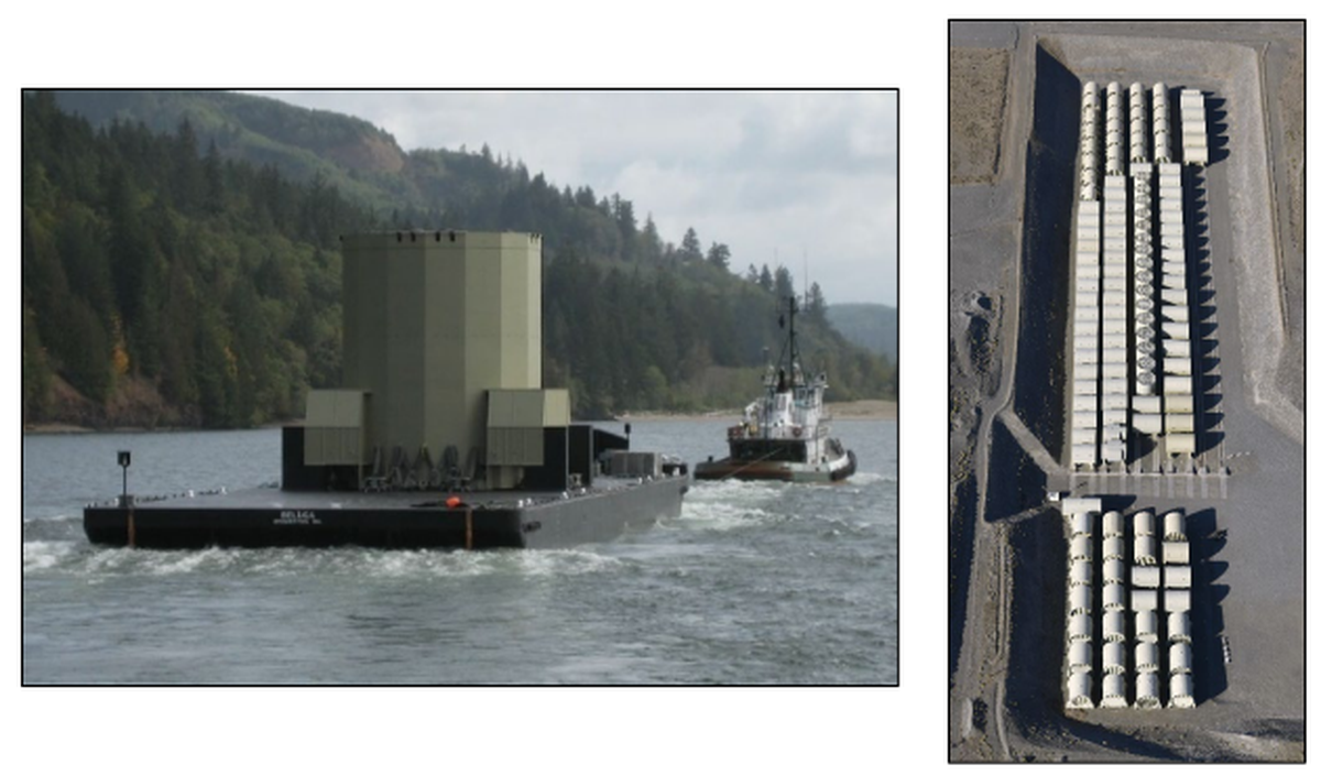 A screenshot from a Navy study shows a barge with a nuclear reactor compartment on the Columbia River and Trench 94 at Hanford.