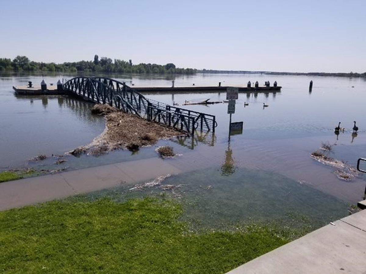 The River Trail and a dock bridge at Howard Amon Park flood Monday along the Columbia River.
