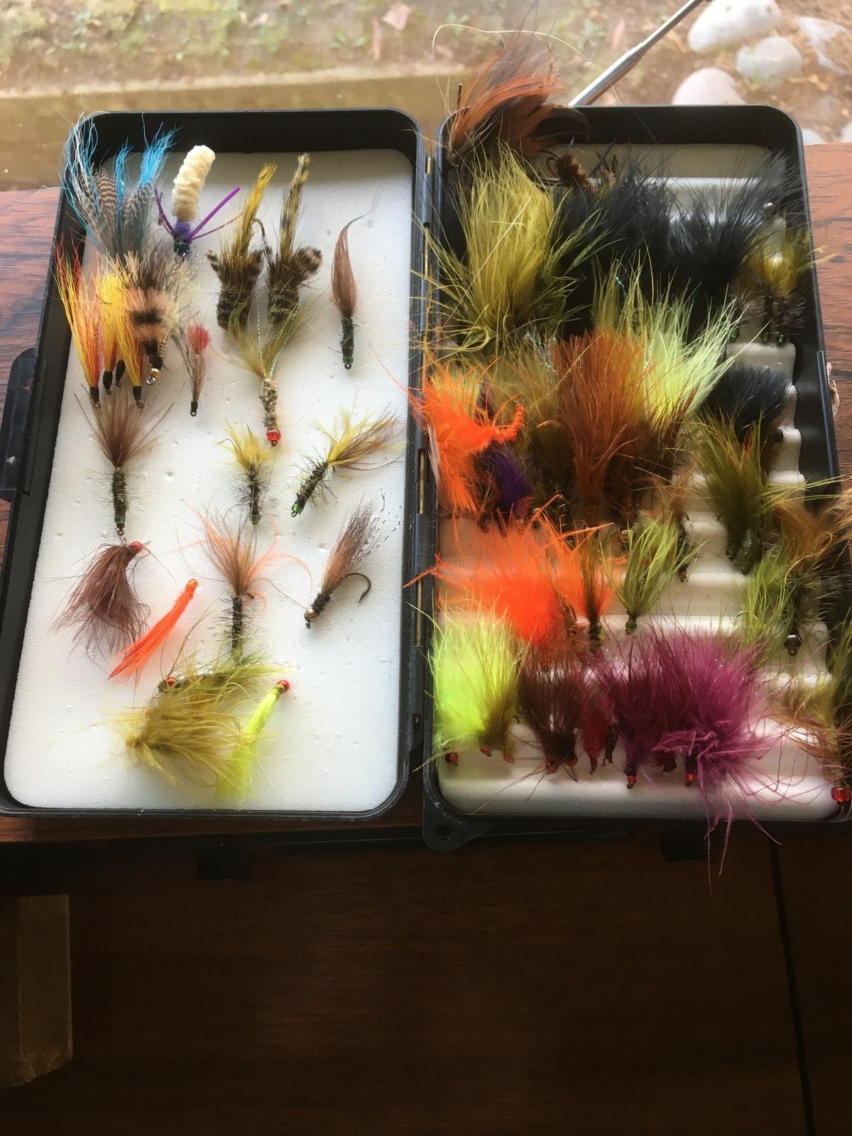 Having a ready assortment of Wooly Buggers, streamers, and Leech patterns ensures a successful day of trout fishing in area lakes.