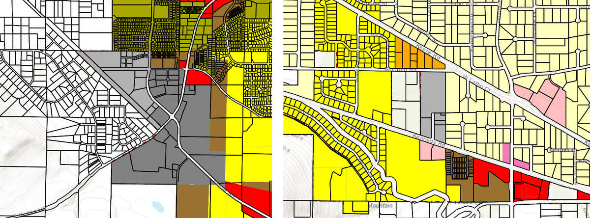 The light gray section of these two maps indicates Light Industrial zones in West Richland. The zone in the map on the left is northwest of Keene Road and Van Giesen Road. The zone on the right is on South 47th Avenue between Keene and Kennedy Road.