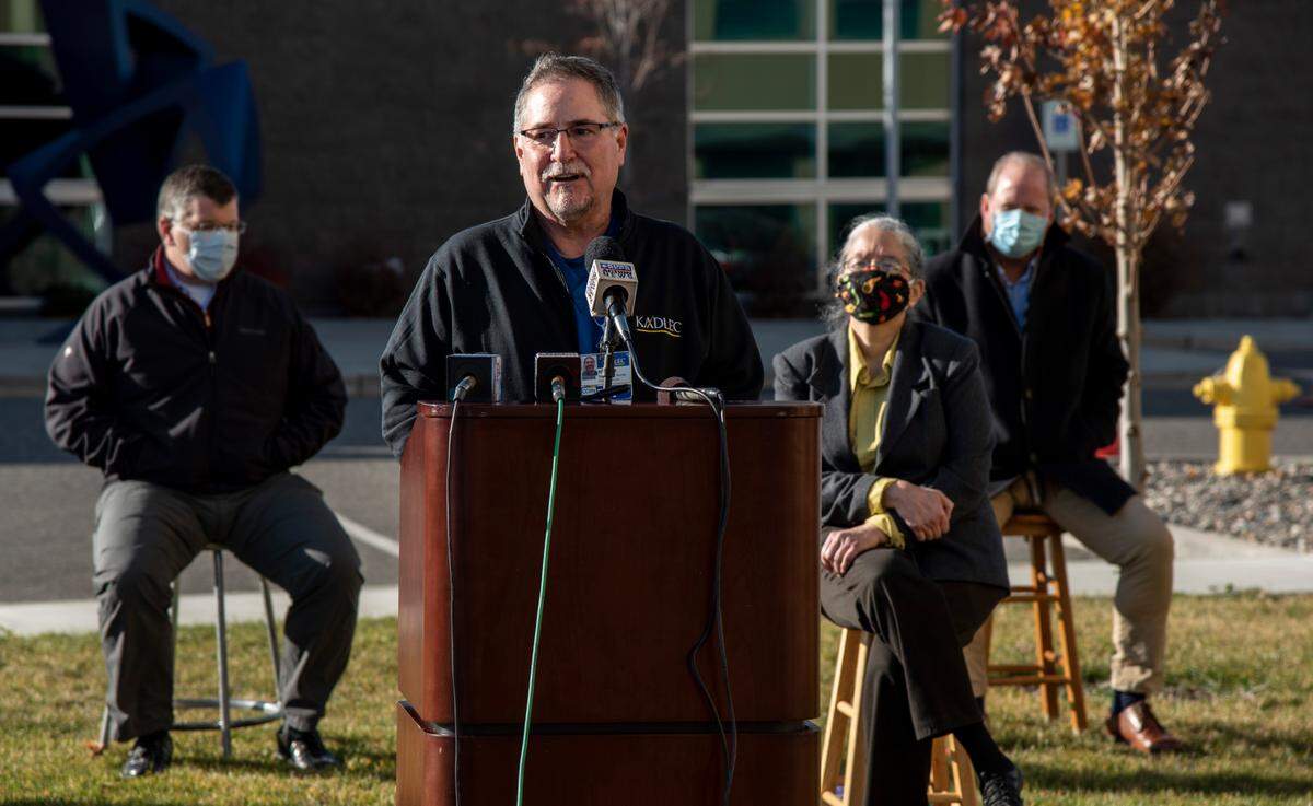 Kadlec ICU nurse Brad Prior speaks about remaining vigilant during the coronavirus pandemic at a press conference with healthcare and Benton Franklin Health District representatives outside of the Tri-Cities Vistor and Business Center in Kennewick on Friday.