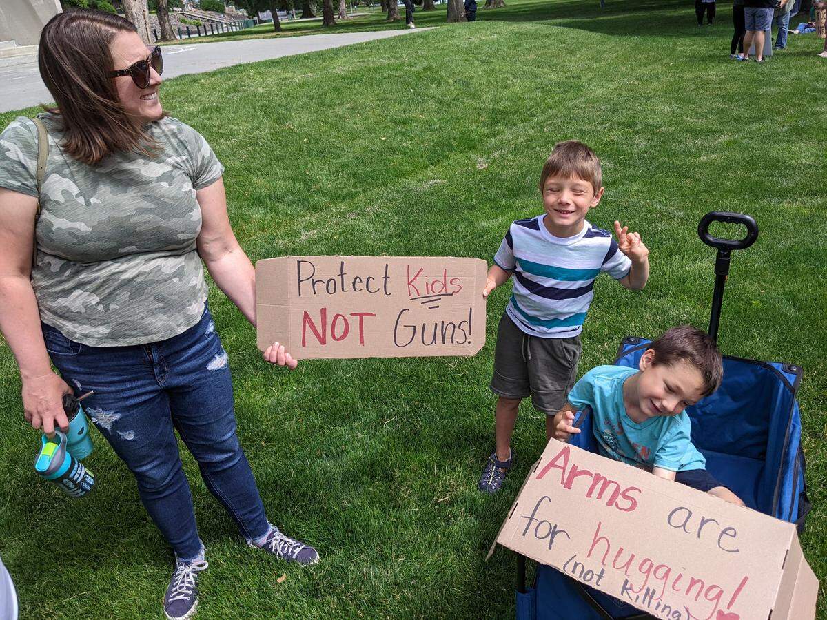 Amber Sinclair and Daniel Sinclair, 7, and Cormac Sinclair, 6, participated in the March for Our Lives event in Richland Saturday. The event was one of several across the country following the shooting at Robb Elementary School in Uvalde, Texas. 