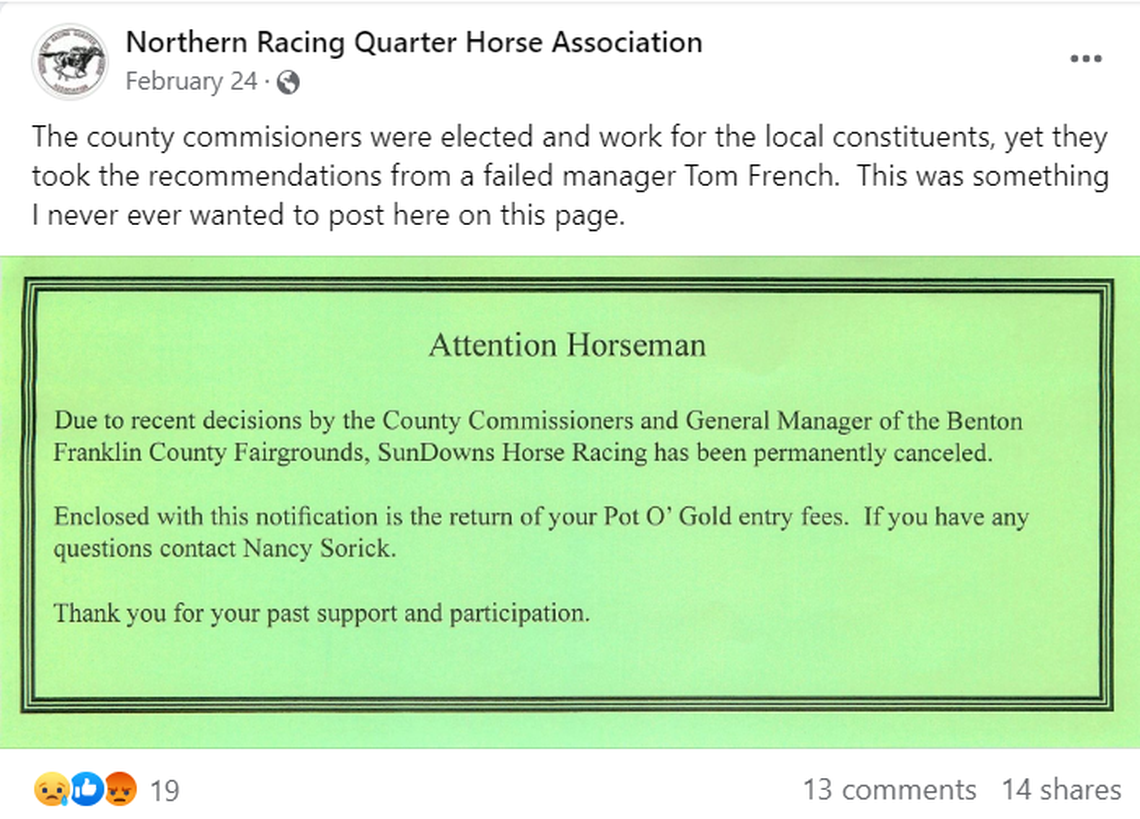 A post on Facebook made by the Northern Racing Quarterhorse Association about the closure of the SunDowns race track.