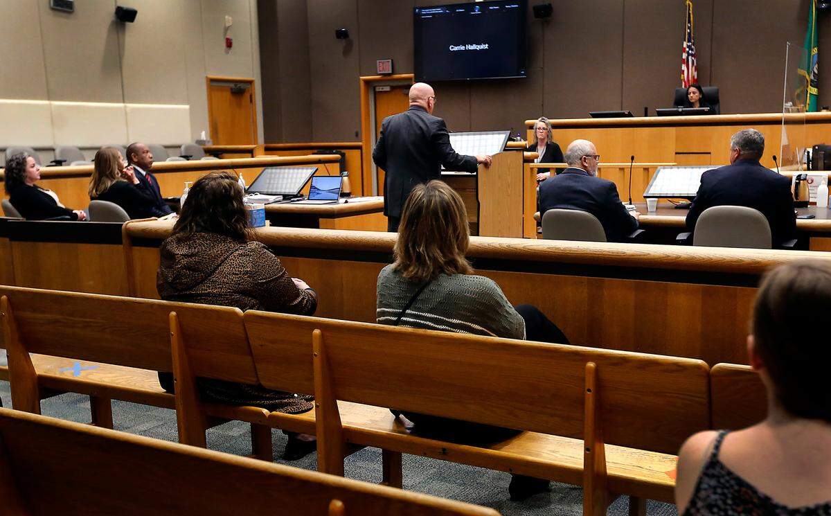 Attorney Jerry Moberg presents an argument against charges listed in a recall petition against Richland School Board members Kari Williams, Audra Byrd and Semi Bird Wednesday before Judge Norma Rodriguez in Benton County Superior Court in Kennewick.