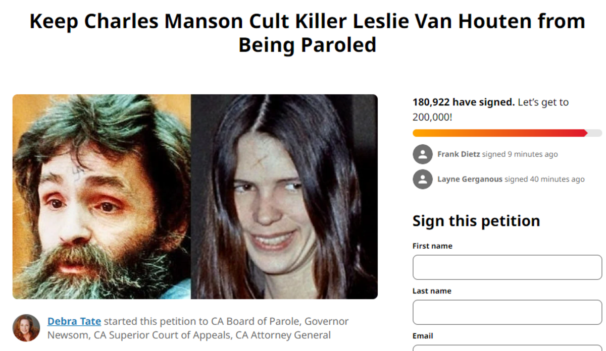 Sharon Tate’s sister, Debra Tate, has posted a Change.org petition opposing parole for Leslie Van Houten, a Charles Manson follower, who conspired to kill Sharon Tate.