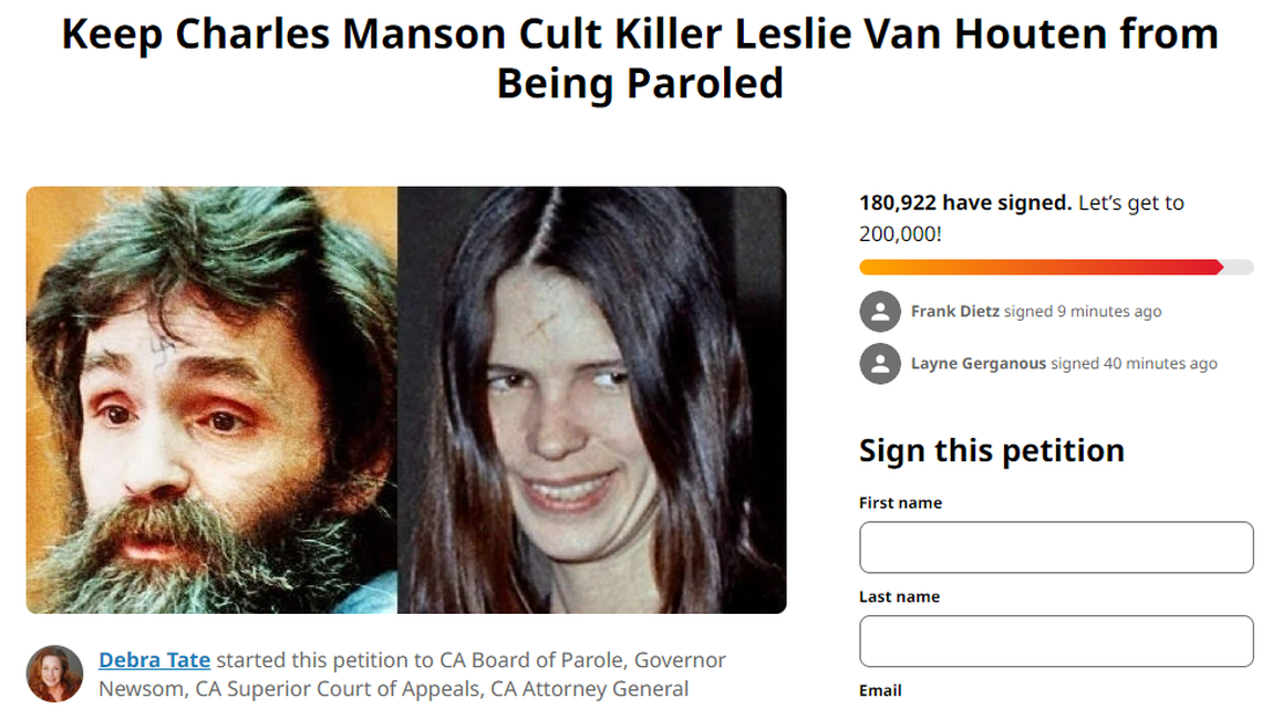 Sharon Tate’s sister, Debra Tate, has posted a Change.org petition opposing parole for Leslie Van Houten, a Charles Manson follower, who conspired to kill Sharon Tate.