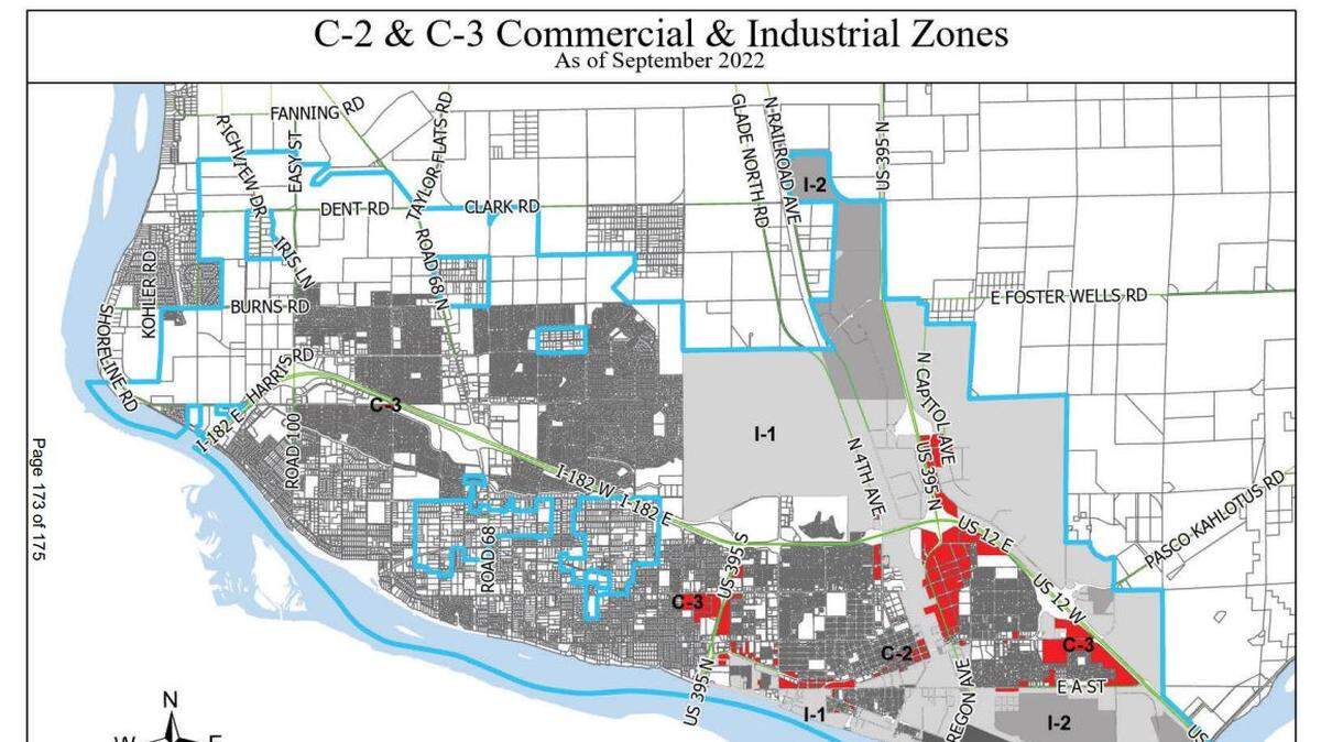A map shows the commercial and industrial zoning that the city council has considered allowing retail cannabis businesses in. Pasco’s downtown lies within C2 zoning. This map does not reflect the direction the city council voted in favor of Tuesday night.
