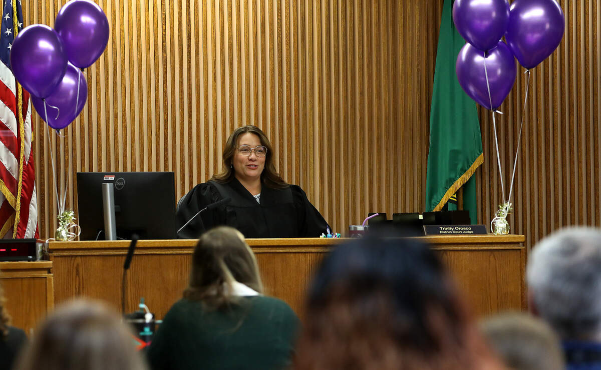 Judge Trinity Orosco opens the ceremony recognizing the recently created Franklin County Therapeutic Court program. About 70 particpants, family members, friends and community leaders took part in the event.