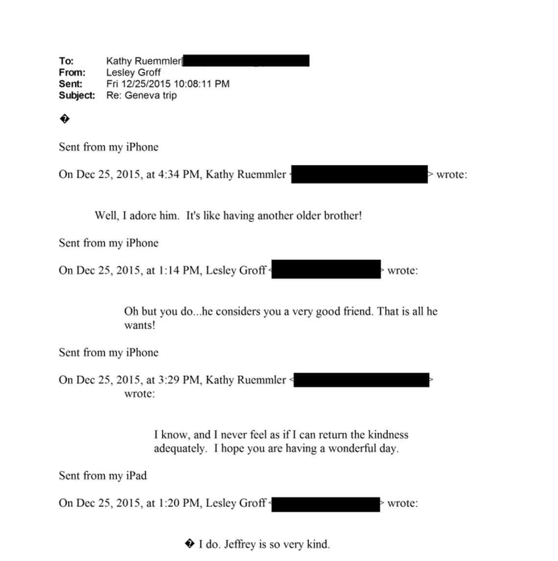 An email exchange between Kathy Ruemmler and Jeffrey Epstein’s assistant.