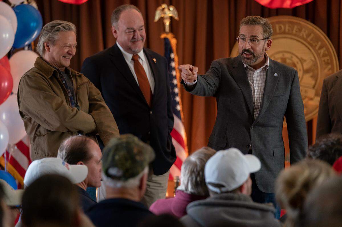 Chris Cooper stars as Jack Hastings, Brent Sexton as Mayor Braun and Steve Carell as Gary Zimmer in “Irresistible.”
