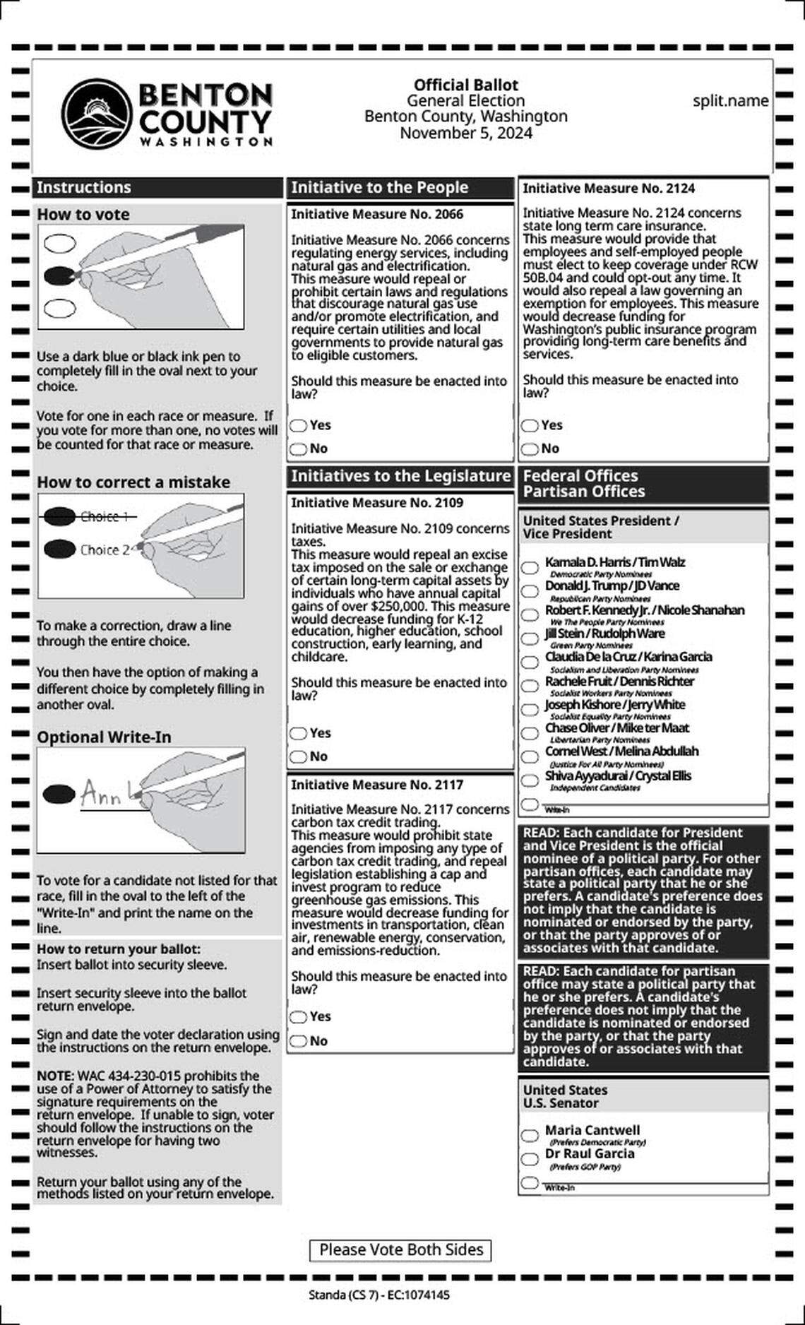 Page one of a sample ballot from Benton County, Washington.