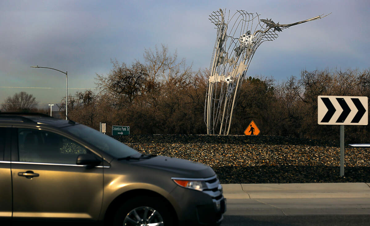 Plans are underway to relocate “Fishing for Gravity, a modern sculpture from the roundabout at Columbia Park Trail and Queensgate Drive in Richland.