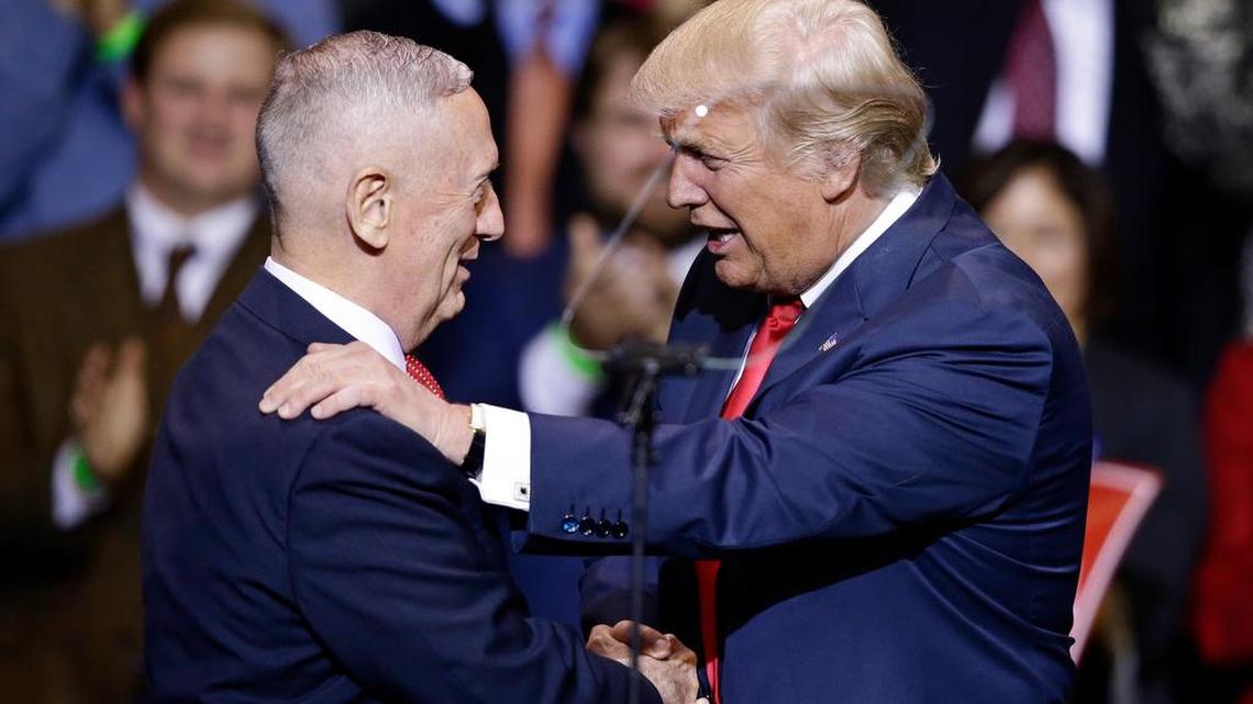 President-elect Donald Trump introduces retired Marine Corps Gen. James Mattis as his nominee for secretary of defense while speaking to supporters in December during a rally in Fayetteville, N.C.