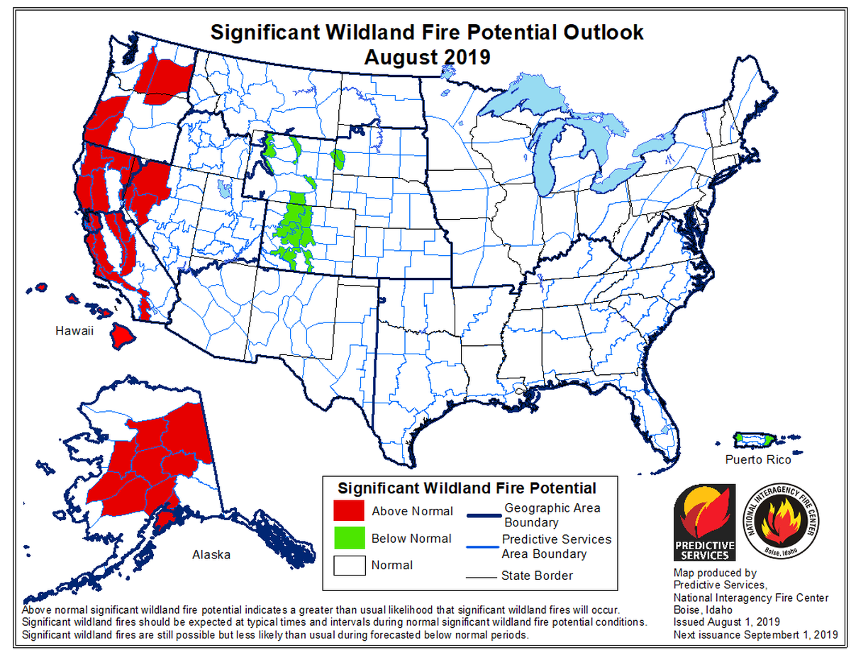 An above normal chance of significant wildland fire potential is forecast for the Tri-Cities area in August. The September forecast is similar.