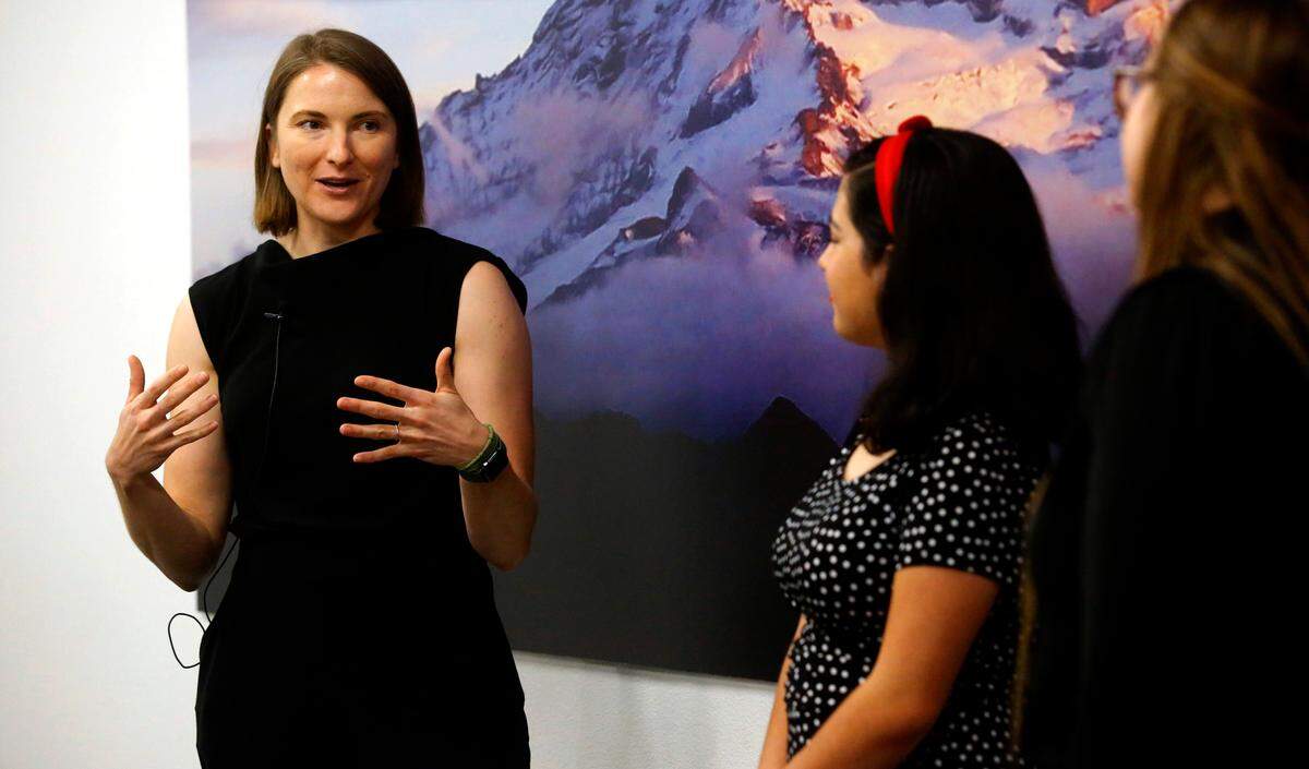 NASA astronaut Kayla Barron, a Richland High School graduate, answers questions during an interview after appearing on a livestream broadcast for Women in Engineering hosted by Washington River Protection Solutions.