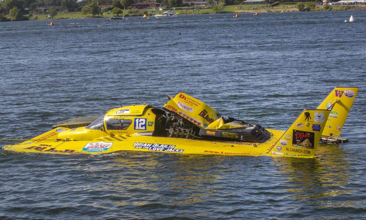 The aftermath from GP-12 Shellhase hydroplane after a fire broke out in the engine of the boat while racing during the HAPO Columbia Cup on Saturday.