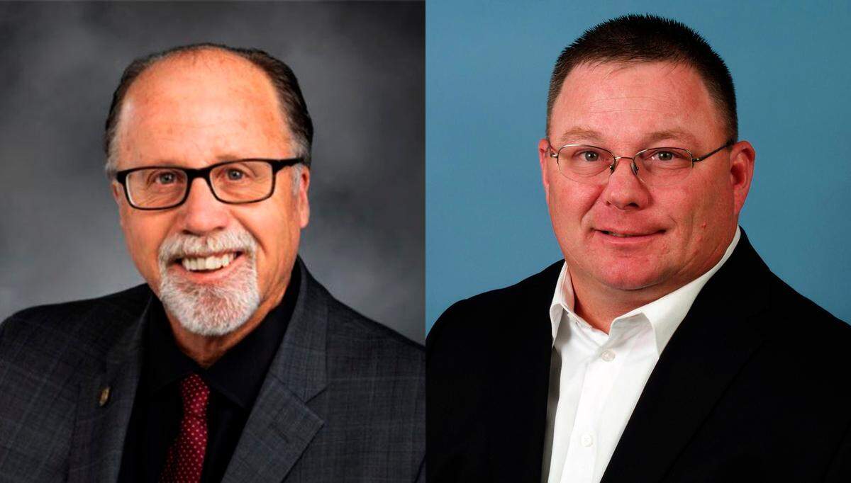 William “Bill” Jenkin, left, currently has a 33-vote lead — about 0.21% of the total vote — on Barry Bush after two weeks of vote counting in the Aug. 2 primary election.