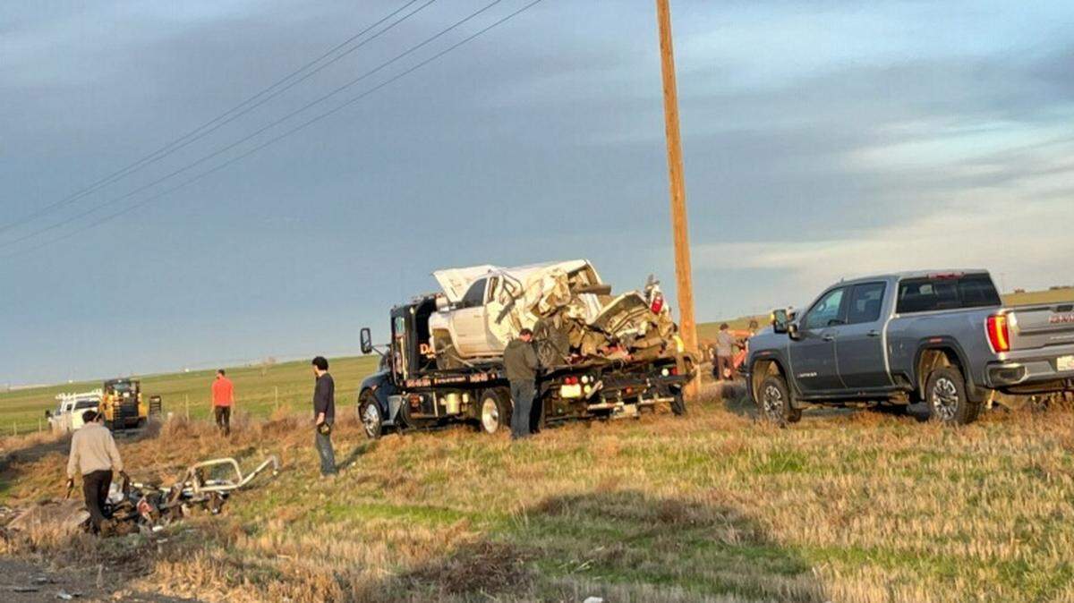 A semi collided with a pilot pickup truck before hitting a farm tractor on Highway 395 Friday afternoon.