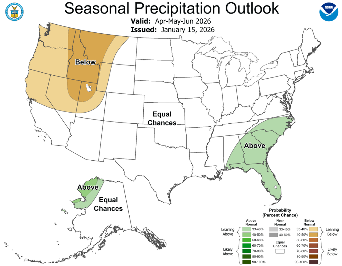 The three-month precipitation outlook for spring 2026 from the Climate Prediction Center shows a chance of a slightly dryer season than normal in Eastern Washington, with some areas dryer than others.