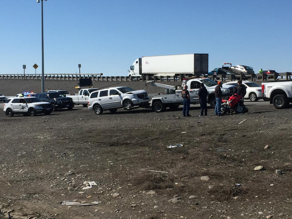 Traffic was backed up on the blue bridge Monday morning after a chain-reaction collision blocked northbound lanes.