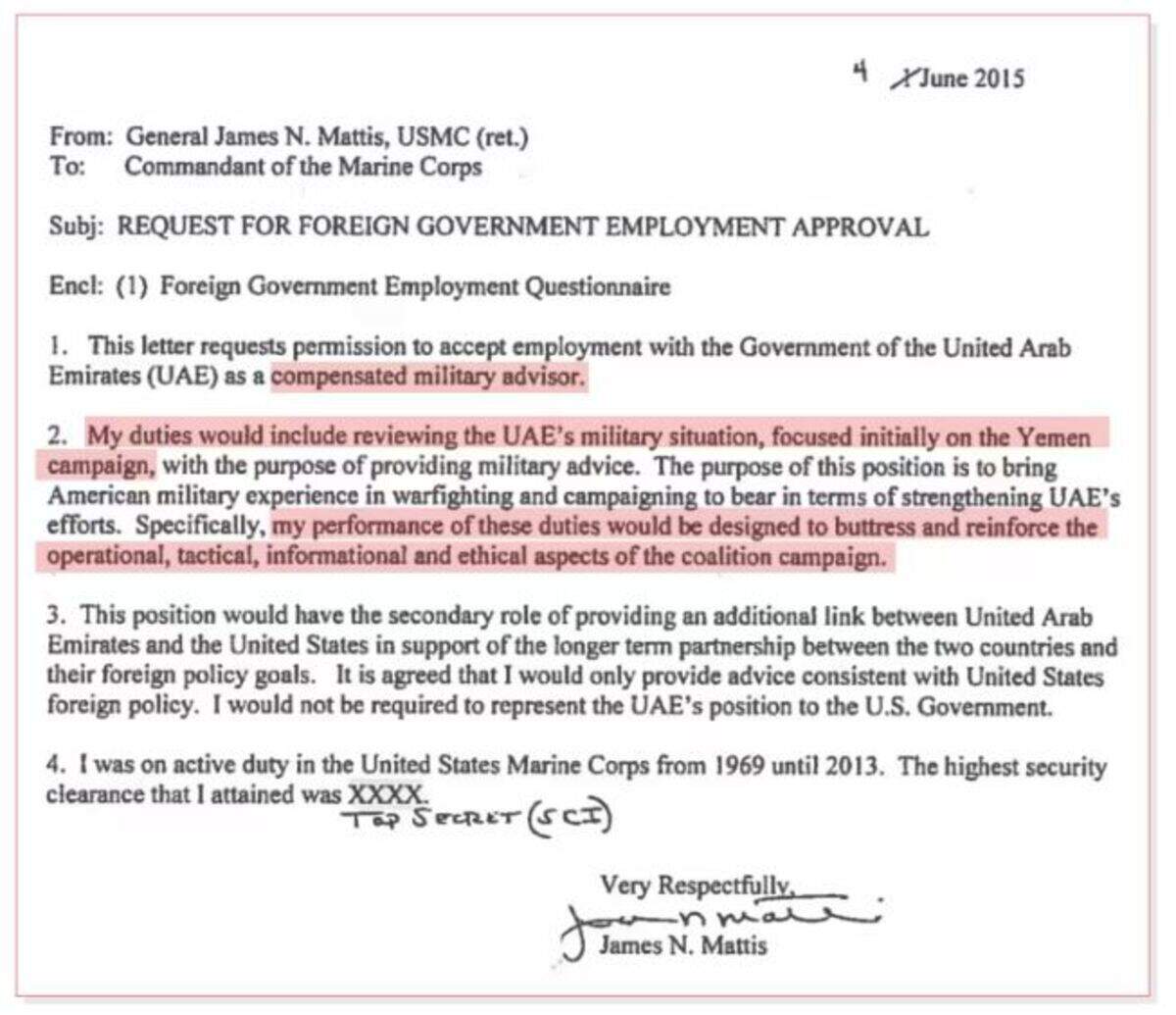 The cover page of Mattis’s 2015 application seeking federal approval to work for the UAE. The highlighted portions show that Mattis stated he would be paid and that he would advise the UAE on the war in Yemen. The Post obtained the document after suing the Marine Corps and State Department under the Freedom of Information Act.